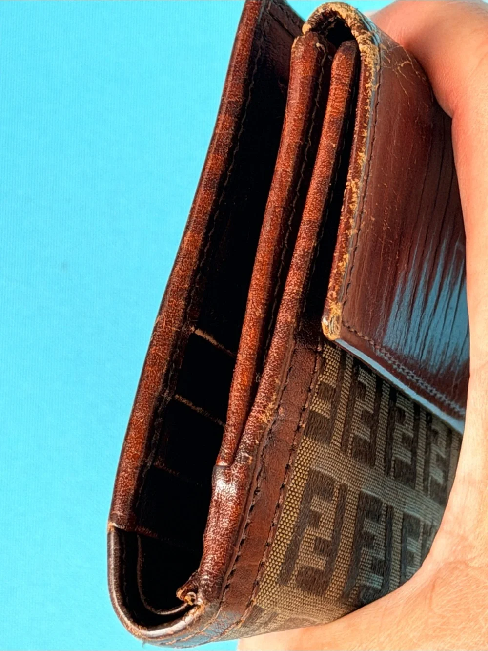 Fendi vintage  zucchini Monogram Canvas Wallet with Dark Brown Trim AUTHENTIC